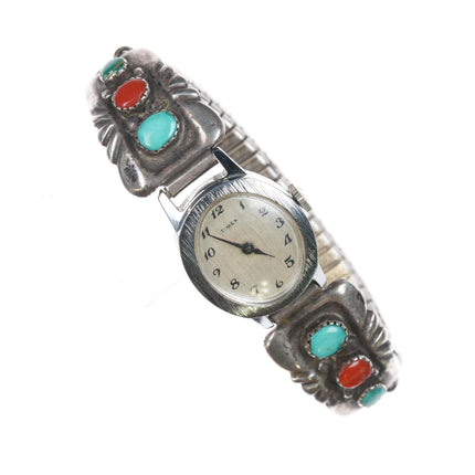 Horace Iule Zuni (1901-1978) ladies silver, turquoise, and coral watch tips