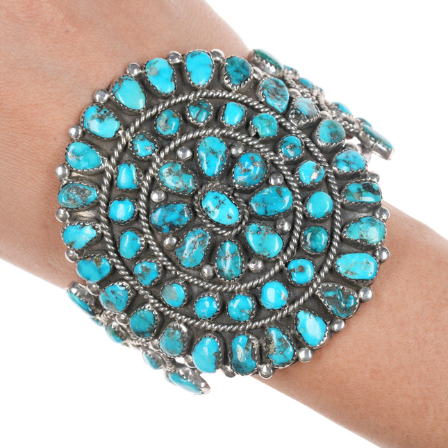 6.5" 60's-70's large Native American Sterling turquoise cluster cuff bracelet