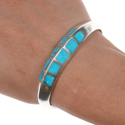 6.5" Vintage Zuni carinated silver flush inlay turquoise cuff bracelet