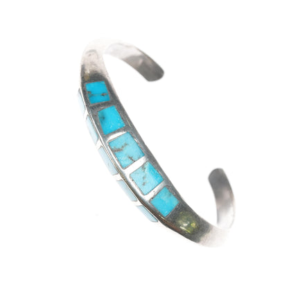 6.5" Vintage Zuni carinated silver flush inlay turquoise cuff bracelet