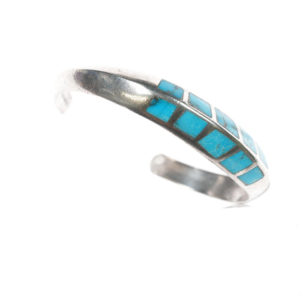 6.5" Vintage Zuni carinated silver flush inlay turquoise cuff bracelet