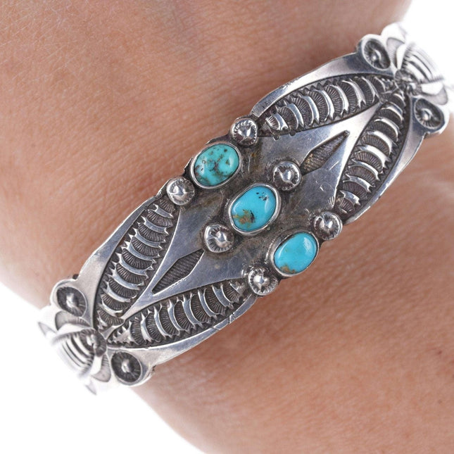 c1930's Heavy Stamped Navajo silver and turquoise cuff bracelet