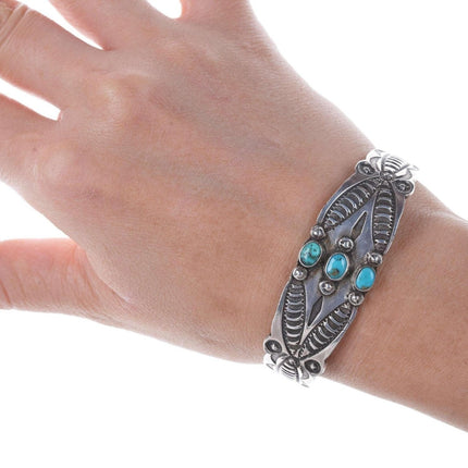 c1930's Heavy Stamped Navajo silver and turquoise cuff bracelet