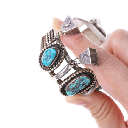 c1950's Navajo Silver and turquoise stamped bells bracelet