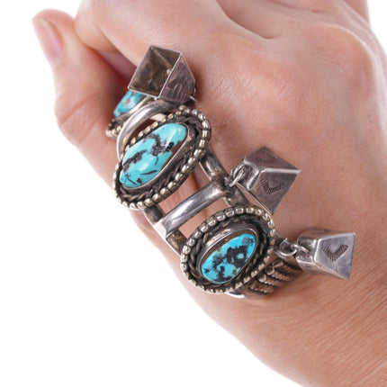 c1950's Navajo Silver and turquoise stamped bells bracelet