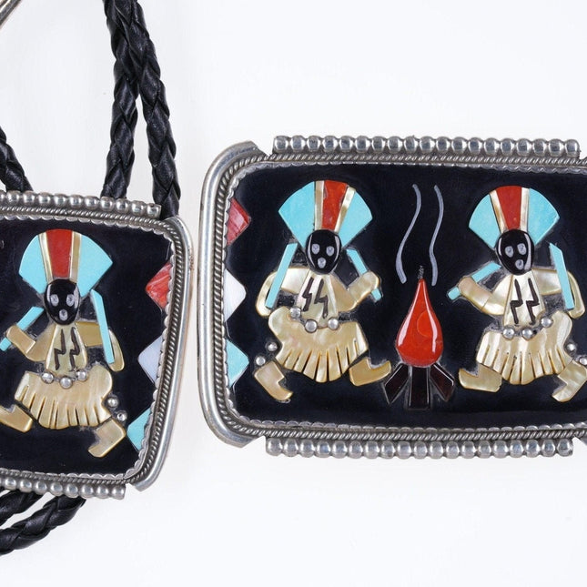 Bev Etsate Zuni Multistone Inlay Fire Dancer Sterling Kachina Gürtelschnalle/Bolo-Set