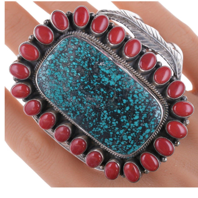 6.75" Bennie  Bowekaty Zuni Sterling, Turquoise and Mediterranean coral cluster