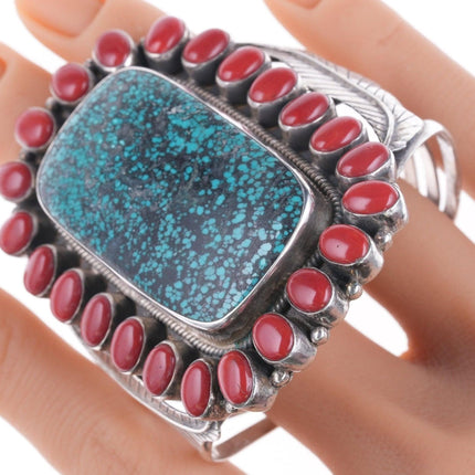 6.75" Bennie  Bowekaty Zuni Sterling, Turquoise and Mediterranean coral cluster