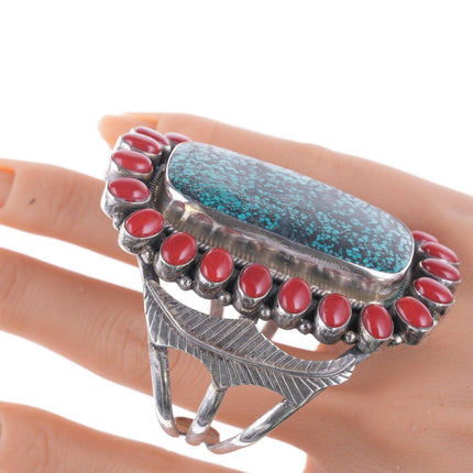 6.75" Bennie  Bowekaty Zuni Sterling, Turquoise and Mediterranean coral cluster