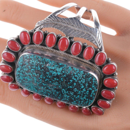 6.75" Bennie  Bowekaty Zuni Sterling, Turquoise and Mediterranean coral cluster