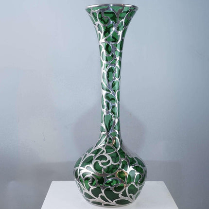 c1900 Large American Sterling Silver Overlay Vase over emerald green glass