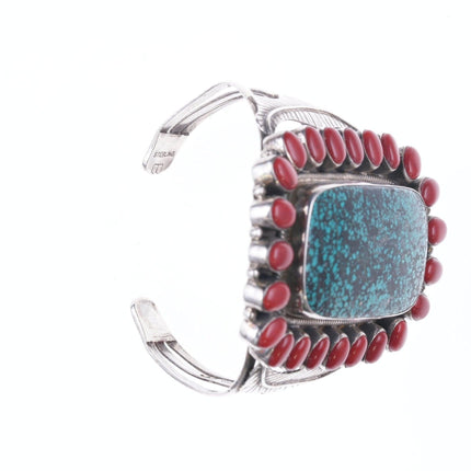 6.75" Bennie  Bowekaty Zuni Sterling, Turquoise and Mediterranean coral cluster