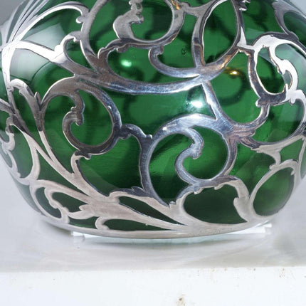 c1900 Large American Sterling Silver Overlay Vase over emerald green glass