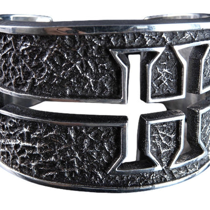 Aaron Anderson Navajo Tufa Cast Sterling Cuff Bracelet Isletta cross