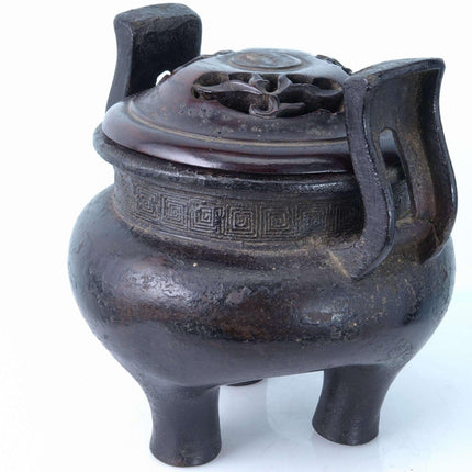 Ming Dynasty Chinese Bronze Tripod Censer with Greek Fret Rim