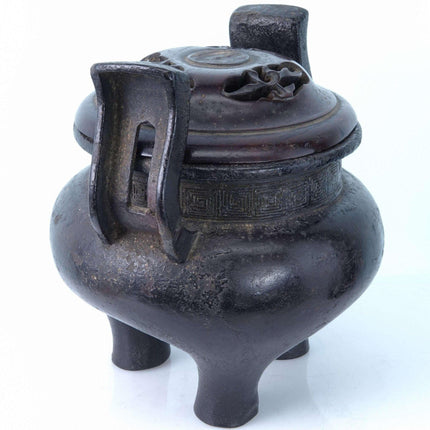 Ming Dynasty Chinese Bronze Tripod Censer with Greek Fret Rim