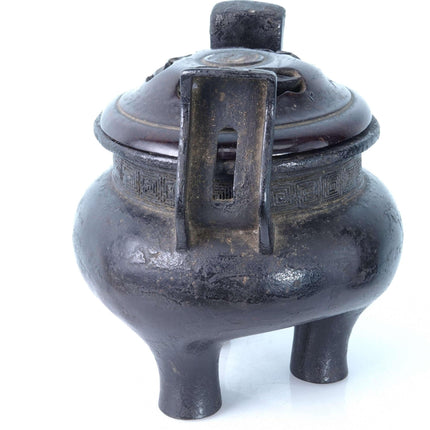 Ming Dynasty Chinese Bronze Tripod Censer with Greek Fret Rim