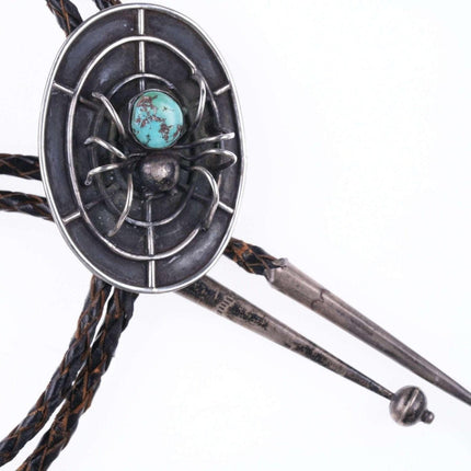 c1950's Native American Spider/Web Silver and turquoise c-31 bolo tie