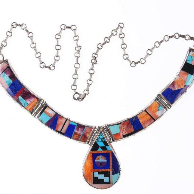 Frank Yellowhorse(1933-2020) Navajo sterling silver Multi-stone intarsia inlay b