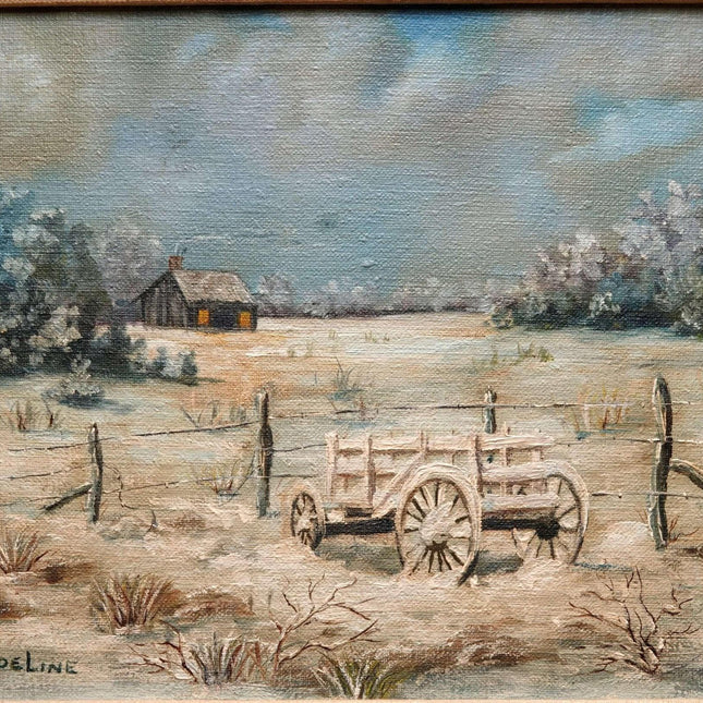 Noeline Harris (1923-2011) Hügellandschaft in Austin, Texas, mit Gehöft und Wagen