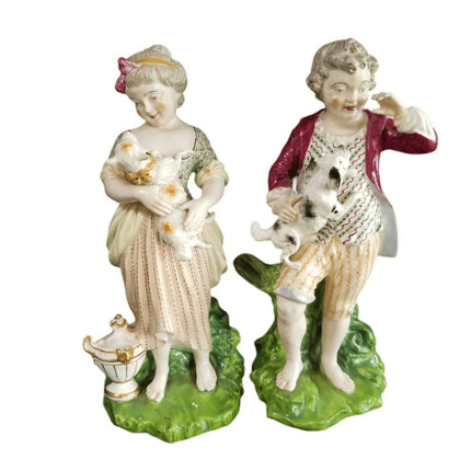 c.1810 Derby Figures Boy and Girl Holding Lamb and Dog