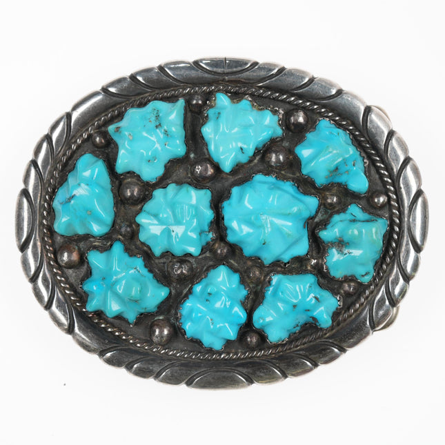 Vintage Native American sterling hand carved turquoise belt buckle