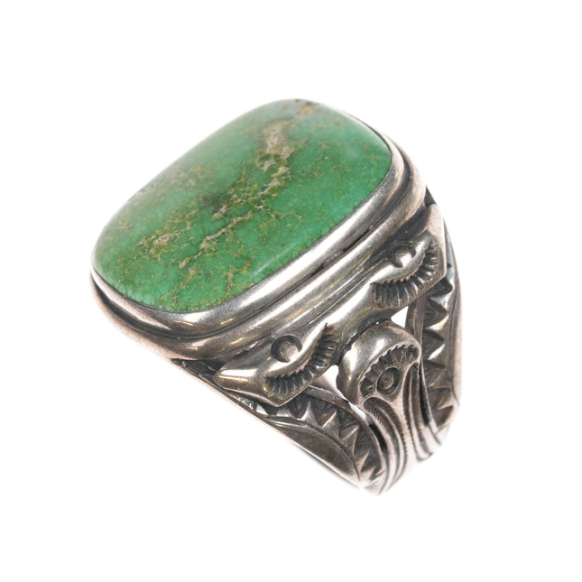 sz10.25 c1940's Navajo hand stamped silver ring with large green turquoise