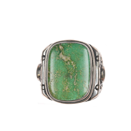 sz10.25 c1940's Navajo hand stamped silver ring with large green turquoise