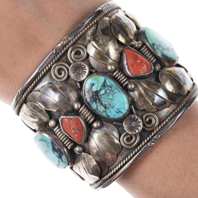 Vintage Native American Sterling/turquoise and coral cuff bracelet