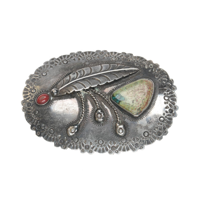 Vintage Native American sterling coral/Chrysocolla belt buckle