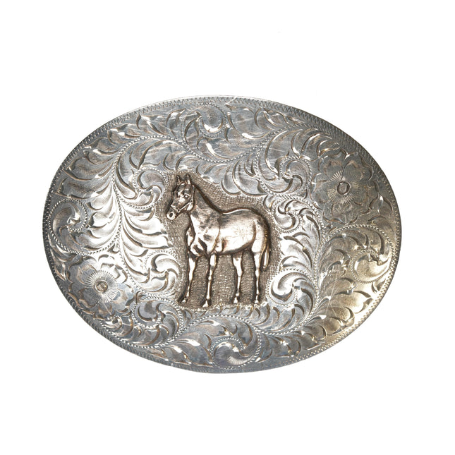 Vintage SSS Sterling hand engraved belt buckle with gold horse