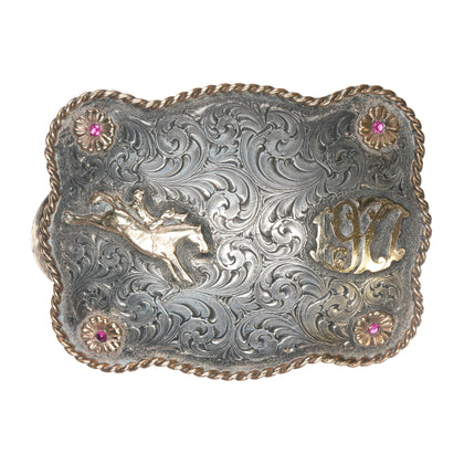 Huge 1977 Gist Sterling hand engraved Rubies/Gold filled trophy belt buckle