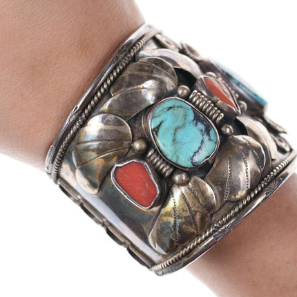 Vintage Native American Sterling/turquoise and coral cuff bracelet