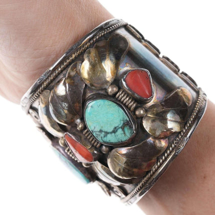 Vintage Native American Sterling/turquoise and coral cuff bracelet