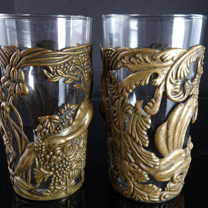 1950's Los Castillo Taxco Brass Adam and Eve Glass Slips with glasses