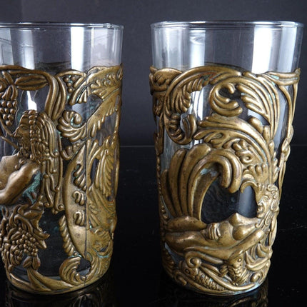 1950's Los Castillo Taxco Brass Adam and Eve Glass Slips with glasses