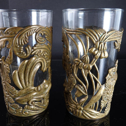 1950's Los Castillo Taxco Brass Adam and Eve Glass Slips with glasses