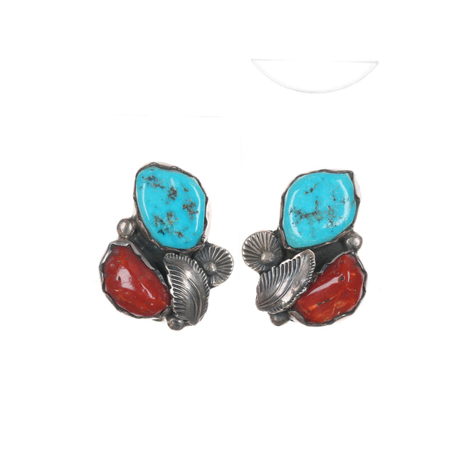 Zuni Dan Simplicio(1917-1969) Silver, turquoise, and  clip-on coral earrings