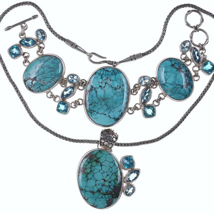 Retro Sarda Byzantine sterling silver blue topaz, lab spinel, and Turquoise set