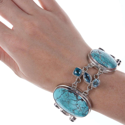 Retro Sarda Byzantine sterling silver blue topaz, lab spinel, and Turquoise set