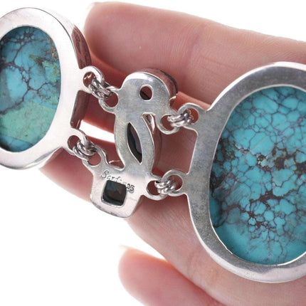 Retro Sarda Byzantine sterling silver blue topaz, lab spinel, and Turquoise set