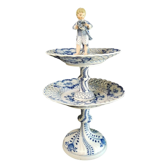 Meissener Zwiebel-Figuren-Leckerbissen, doppelschichtiger, retikulierter Tazza-Tischaufsatz mit 43 cm großer Figur, 19. Jahrhundert