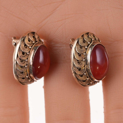 c1940's Vintage Chinese Gilt Filigree Silver Carnelian clip-on earrings