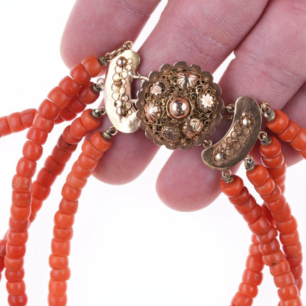 Antique chinese coral choker necklace with 14k gold clasp