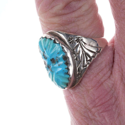 sz12 Vintage Zuni Native American Carved turquoise ring