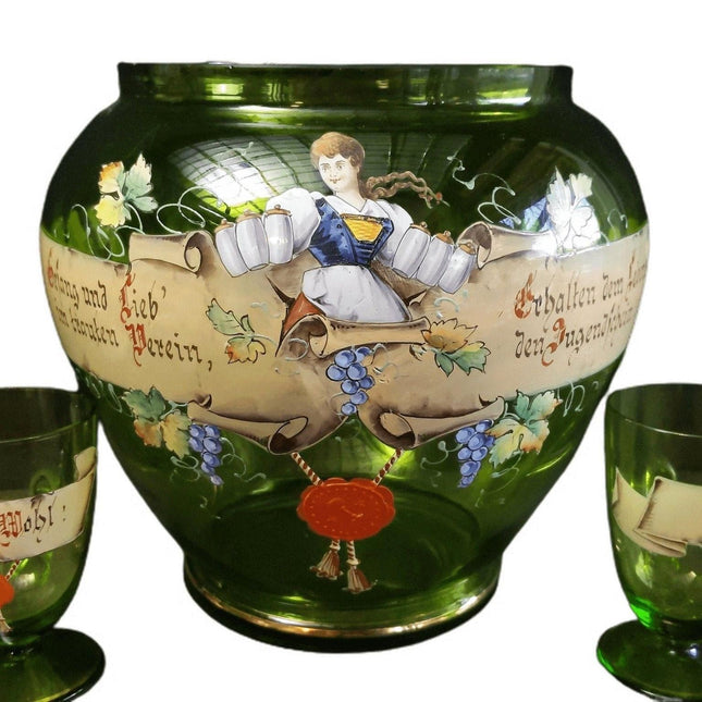 c1870 Böhmische emaillierte Bowle Bierpokal 2 Tassen