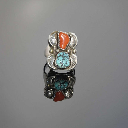 Sz12 Navajo Sterling and Turqoise Coral Mens Ring Large Chunky