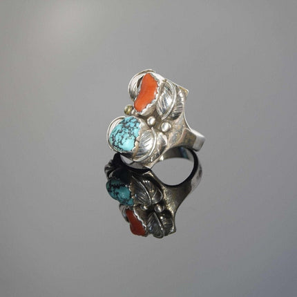 Sz12 Navajo Sterling and Turqoise Coral Mens Ring Large Chunky