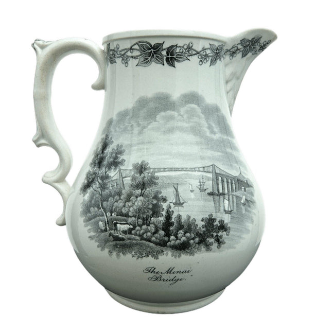 c1860 Britischer historischer Staffordshire-Transferware-Krug mit der Menai-Brücke und Culzean Castile Ayrshire