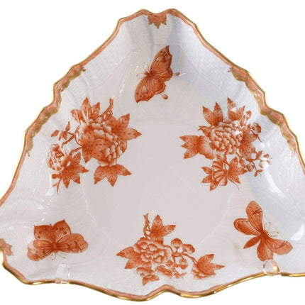 Herend Fortuna Triangular Vegetable Bowl Rust Butterflies Chinoiserie Pattern